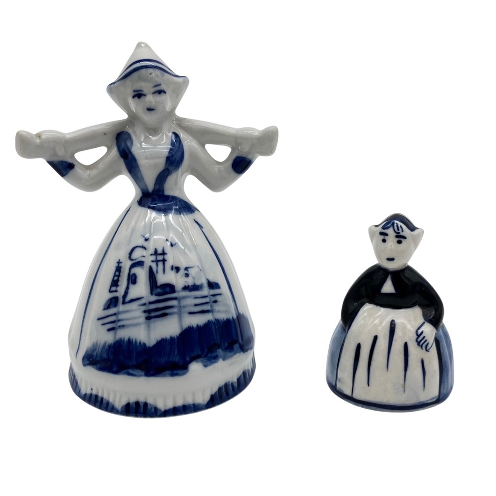 Delft Figural Bell Set Vintage Blue White Hand Painted Dutch Folk Art